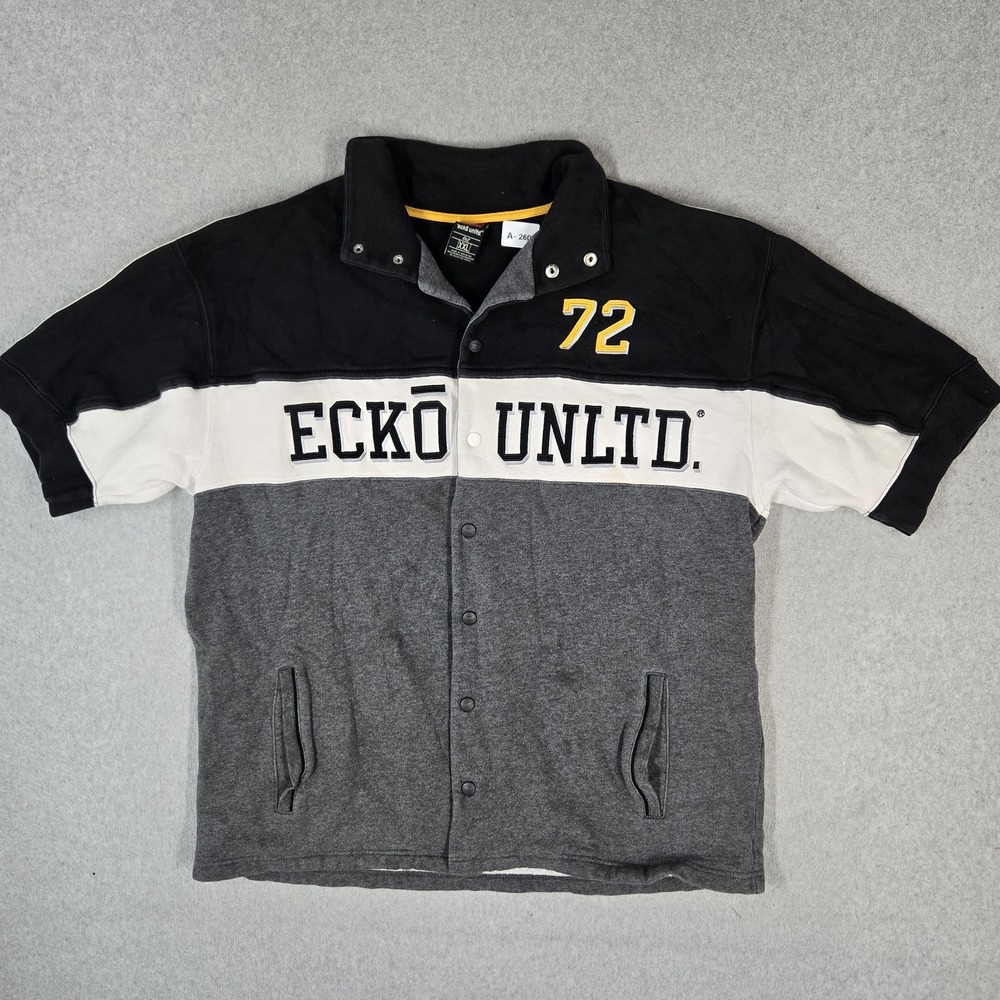 Ecko Unltd. Men Jacket 2XL Black Striped Short Sleeve Snap Logo Embroidered READ